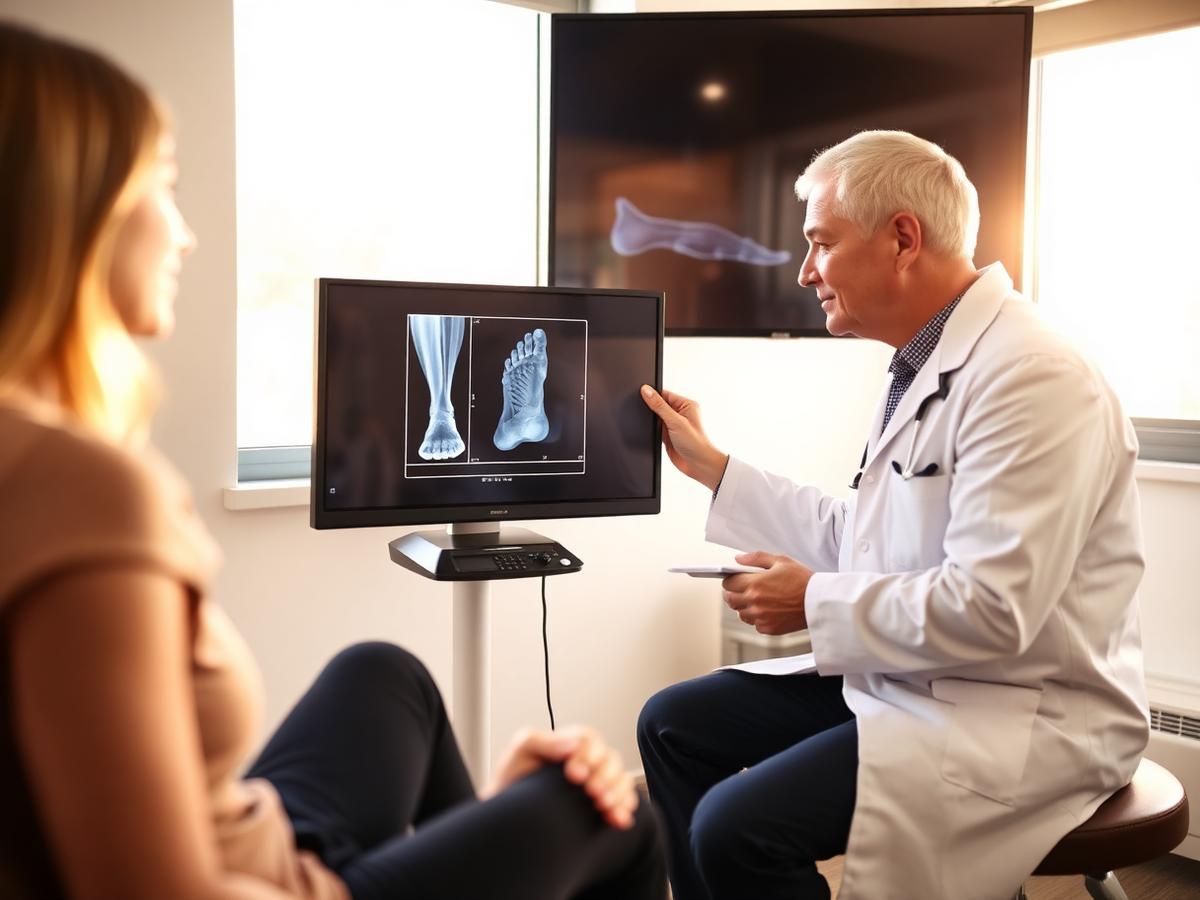 Orthopaedic physician reviewing a foot x-ray with a patient