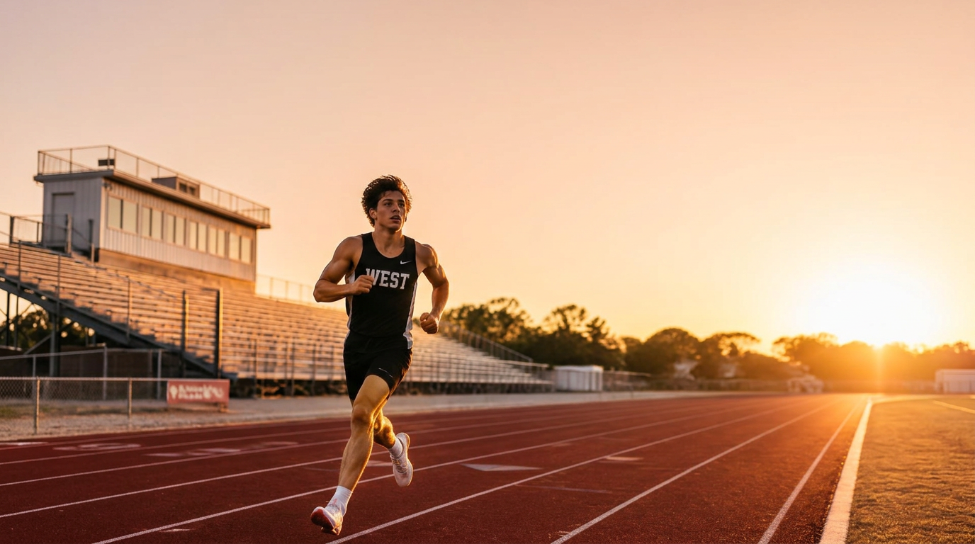 Track athlete running at sunset