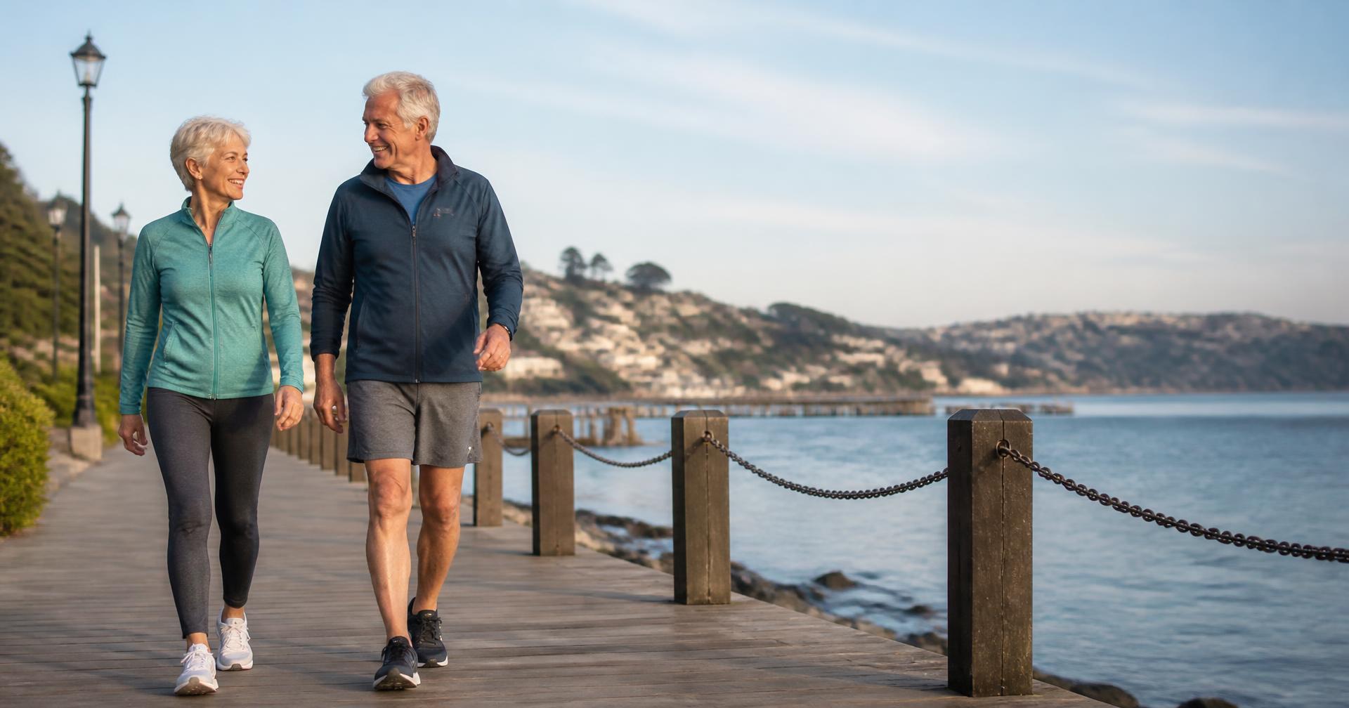 Active older couple walking along a waterfront boardwalk